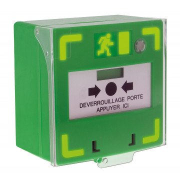 Bouton vert, déverrouillage des issues contrôlées, sonore, lumineux